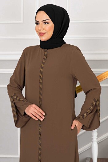 ISTANBUL STYLES COPY - Large Size Women's Ferace with Laser Cut Stone Stripe and Arm Detail