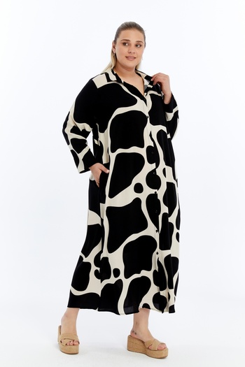 THE CABIN Large Size Black and White Patterned Shirt Dress