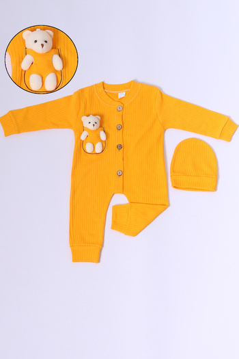 HÇM Baby Jumpsuit with Hat Gift Buttoned Teddy Bear Detail C32