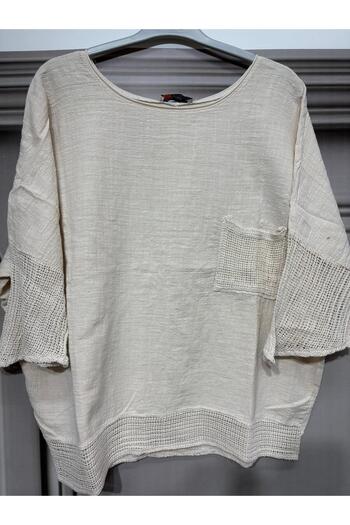 AGORATEKSTİL Γυναικεία Oversize Mesh 100% Λινό Μπλούζα