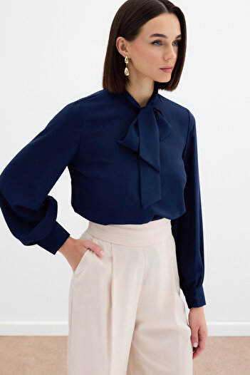 Sateen Straight Shirt with Tie Collar - Dark Blue