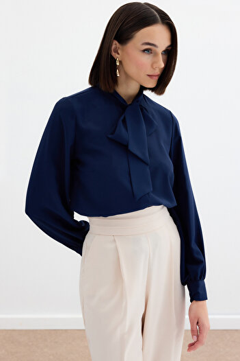 Sateen Straight Shirt with Tie Collar - Dark Blue