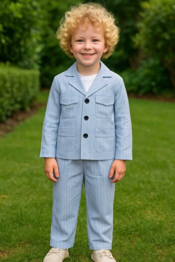 Prime Butik Gray Striped Linen Boy ✧   3 Piece Set Pants & Jacket Set |   Stylish – Elegant – Casual Combination