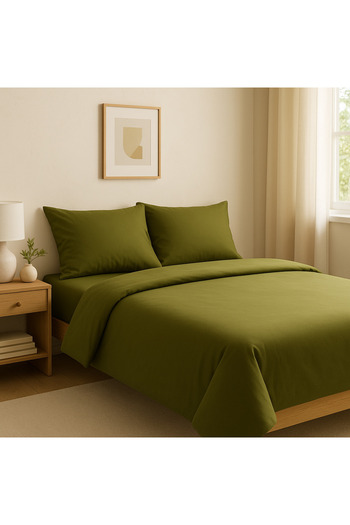 Prime Sleeks Single 100% Cotton Duvet Cover Set 160X220 Cm, Set with Elastic Sheet, Olive Green