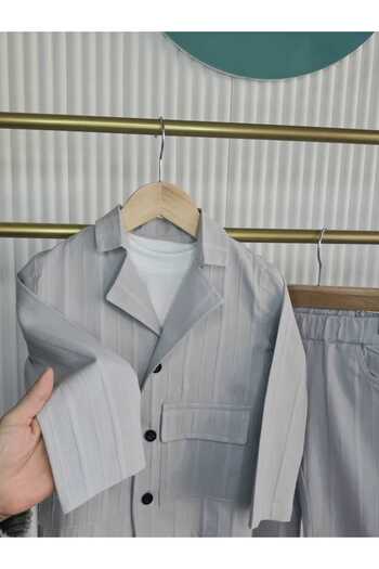 Prime Butik Gray Striped Linen Boy ✧   3 Piece Set Pants & Jacket Set |   Stylish – Elegant – Casual Combination