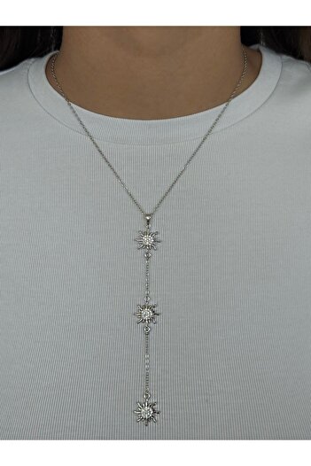 h&b design jewel Steel Silver Sun Detailed Y Necklace