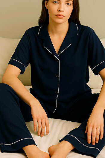 Siyah İnci Shirt Collar Buttoned, Piping Short Sleeve Viscose Pajama Set 7828