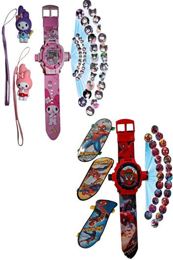 Canderel Spiderman,kuromi My Melody Projeksiyonlu Saat 24 Farklı Resim Yansıtma 2 Adet Saat