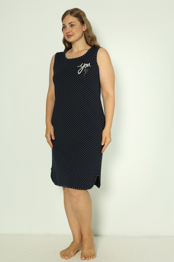 İntensive Women's Navy Blue Polka Dot Plus Size Text and Stone Detailed Strap Cotton Dress