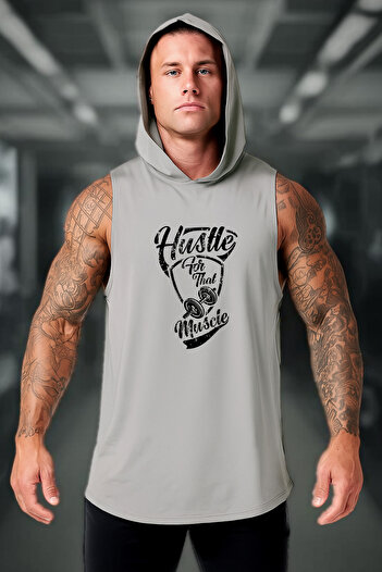 BESSA Men's Gray Hustle Printed Oversize Crew Neck Cotton Hooded Sports Tank Top