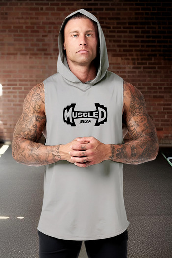 BESSA Boston Printed Gray Men's Athlete - Oversize Crew Neck, Cotton Hooded, Sleeveless Athlete T-Shirt