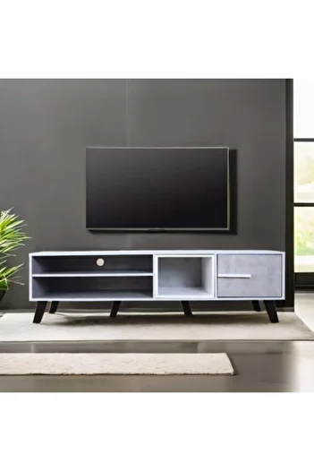 BAITY Television Table 160 cm with Drawer and 2 Shelves Grey and White