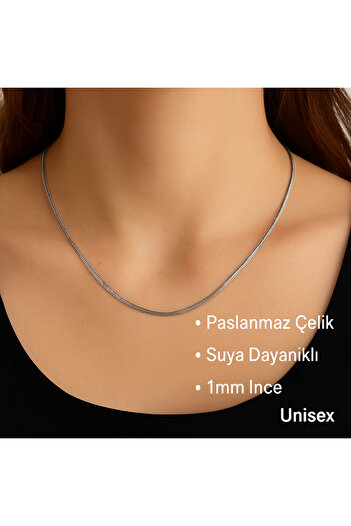 Rua Jewelry Çelik Italyan Yuvarlak Yılan Kolye 1 Mm Gümüş Renk | Kararmaz, Unisex,2 Yıl Garantili