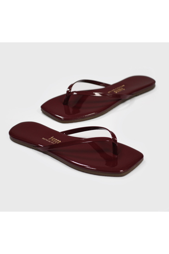 Tkees Papuci de casă pentru femei din piele lăcuită Burgundy Square Toe Casual Stylish