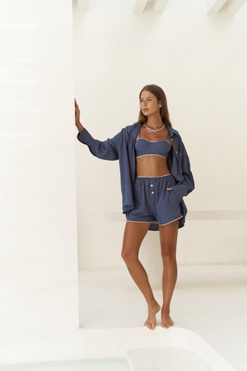 MAİ COLLECTİON Leda Indigo Triple Set with Lace Detail Shorts