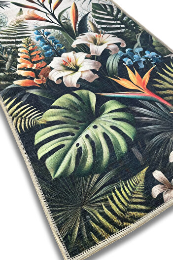The Reef Design Çiçekli Halı Dekoratif Floral Halı Oturma Odası Halısı Yaprak Desenli Halı Yıkanabilir Mutfak Halısı