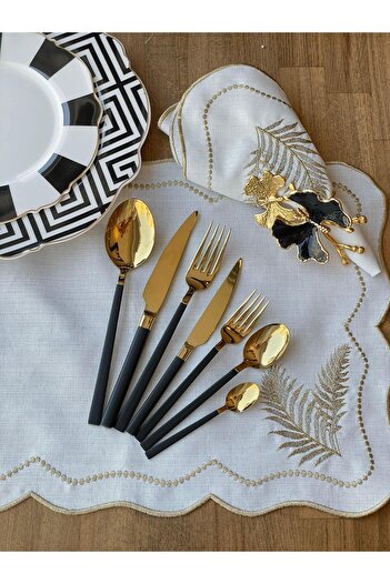 ROSSEV 42 Piece Luxury Black Gold 6 Person Spoon and Cutlery Set - Çkb