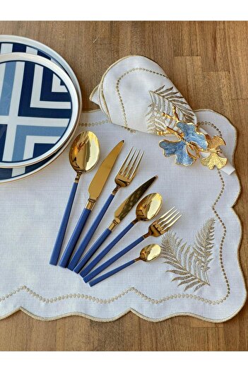 ROSSEV 42 Piece Luxury Blue Gold Set for 6 People - Cutlery Set