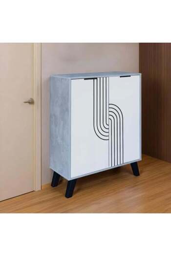 Generic Wooden Shoe Cabinet, Malaysian Wood, 4 Shelves, 2 Doors Gray and White Design