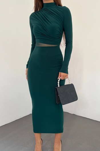 WOMAN VISION Rochie verde din țesătură nisipoasă de lungime midi - decolteu din tul, guler stand, mânecă lungă 10957