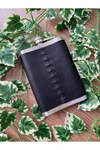ALESTA LEATHER (Writing Name) Camping Set - Genuine Leather Covered Flask and Camping Cup