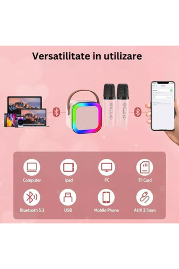 OEM Portable Karaoke Microphone with Bluetooth, RGB Lighting, 6W Speaker, USB-C, AUX, MicroSD Card, Pink