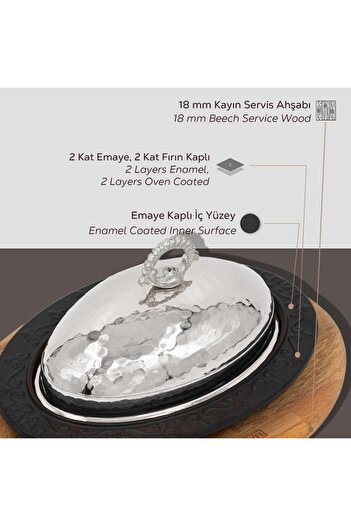 Lava Döküm Oval Döner, Kebap Tabağı Kayın Servis Ahşabı Ve Bakır Dövme Formlu Kapak Ölçü 28x20cm.