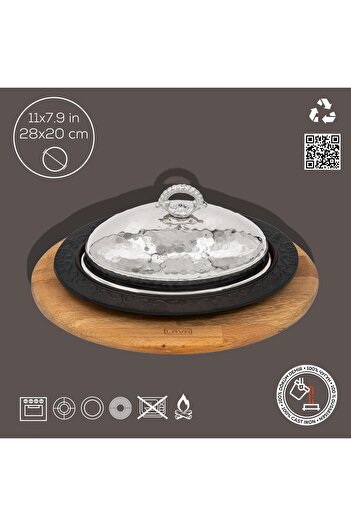 Lava Cast Oval Doner, Kebab Plate, Beech Serving Wood and Copper Forged Formed Lid Size 28x20cm