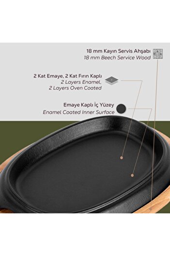 Lava Döküm Oval Fajita Tabağı Kayın Servis Ahşabı Ölçü 26x19cm.