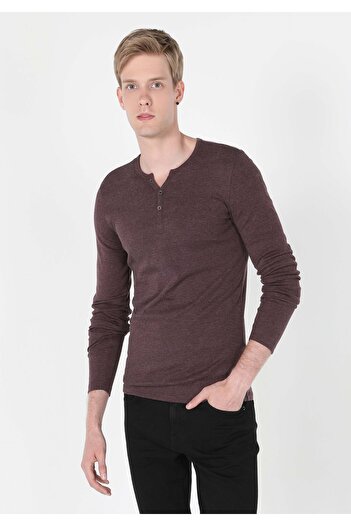 Colin's Slim Fit Πλάκα Λαιμός Μονοχρωμο Ανδρικό Μωβ Μακρυμάνικο T-Shirt