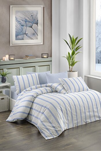 CANDAN ÇEYİZ Natural Blue Duvet Cover Set with Double Sheets and Elastic