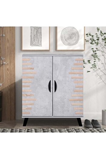 Generic 4-Tier Malaysian Wood Shoe Cabinet with Two Doors - Gray Striped Color