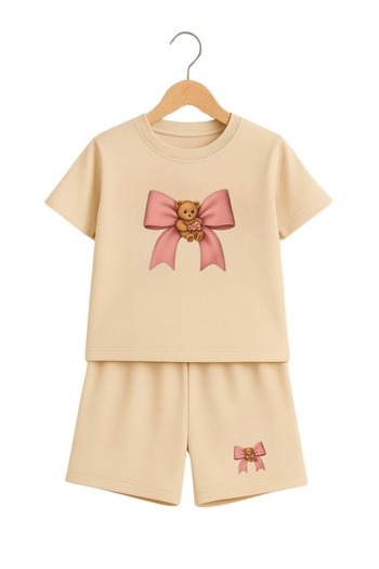 VBSVİBES Pink Bear Teddy Bear Ribbon Printed Children's Suit - Beige Shorts Beige T-Shirt Suit Printed Girl's Summer Suit
