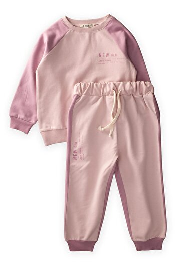 Cigit New Gen Printed Garnished Sweatshirt Set 2-10 Years Powder Pink