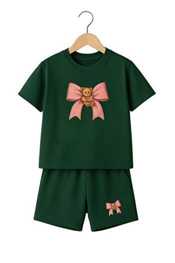 Sweetline Pink Bear Teddy Bear Ribbon Printed Children's Suit - Nefti Green Shorts T-Shirt Suit Printed Girl's Y