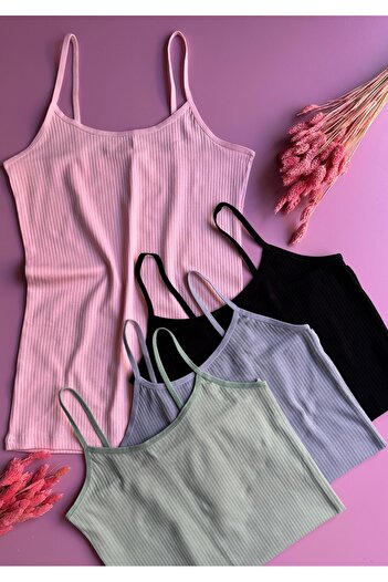 Elosia Libre Line |   4-Piece Pink, Green, Black and Blue Cotton Ribbed Thread Strap Tank-Blouse