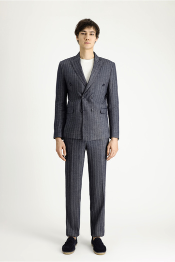 Abdullah Kiğılı Regular Fit Striped Linen Blend Double Breasted Suit
