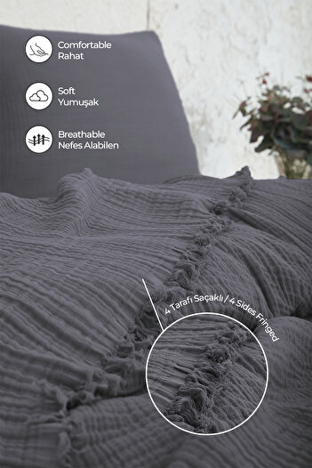 Evlen Home Collection 100% Cotton Muslin Bedspread King Size Double 4 Layer Muslin Pique Set 3 Pieces Anthracite