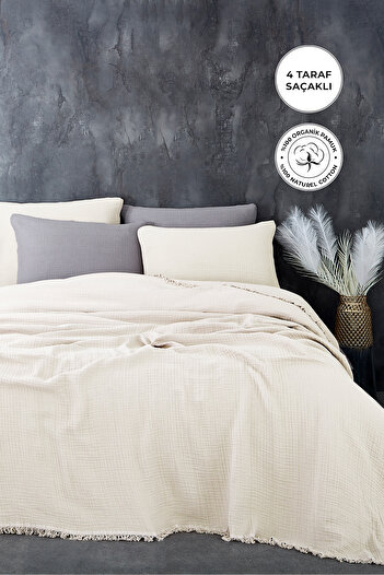 Evlen Home Collection Set cuvertură de pat dublu supradimensionat din bumbac 100% muselină, 4 straturi, set de piqué de muselină moale, cremă