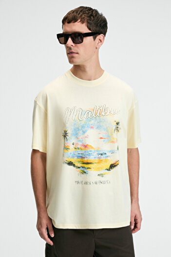 GRIMELANGE DELIGHT Erkek %100 Pamuk Oversize Fit Baskılı Kısa Kollu Yuvarlak Yakalı Sarı T-Shirt