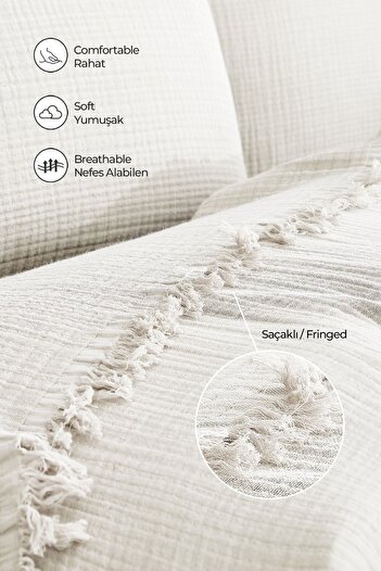 Evlen Home Collection Set cuvertură de pat dublu supradimensionat din bumbac 100% muselină, 4 straturi, set de piqué de muselină moale, cremă