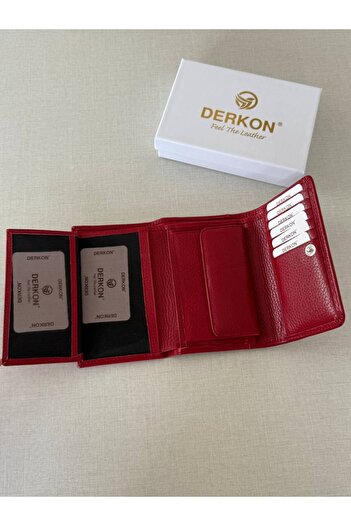 DERKON Orta Boy Hakiki Deri Kadın Cüzdanı Kırmızı Renk