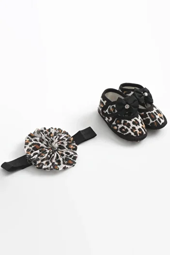 lilico Leopard Detail Black Bandana Newborn Bow Detailed Booties