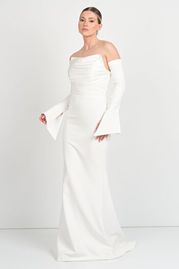 renk abiye Color Women's Strapless Fish Form Evening Dress with Mobile Sleeve Detail 5230 Cream