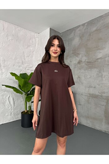 Elif Özbey Butik Brown Short Sleeve Print Detail Modal Dress