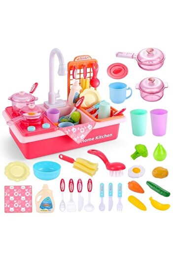 indiggo Toy Sink for Kids, Includes 30 Pieces, Dishes, 180 Degree Swivel Faucet, Flow System
