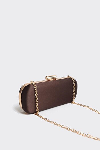 Berlesi Bitter Brown Satin Gold Clamshell Clutch Evening Dress Bag