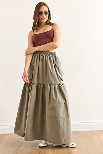 Olalook Women's Khaki Elastic Waist Pocket Maxi Parachute Skirt Etk-19000333
