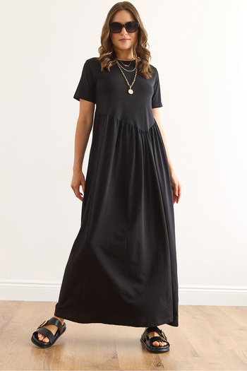 Olalook Women's Black Asymmetrical Stitching Front Long Bell Cotton Dress Elb-19002446