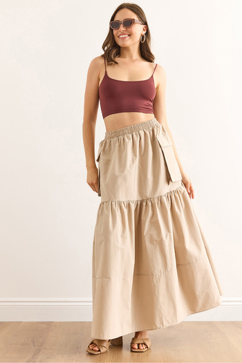 Olalook Women's Stone Elastic Waist Pocket Maxi Parachute Skirt Etk-19000333